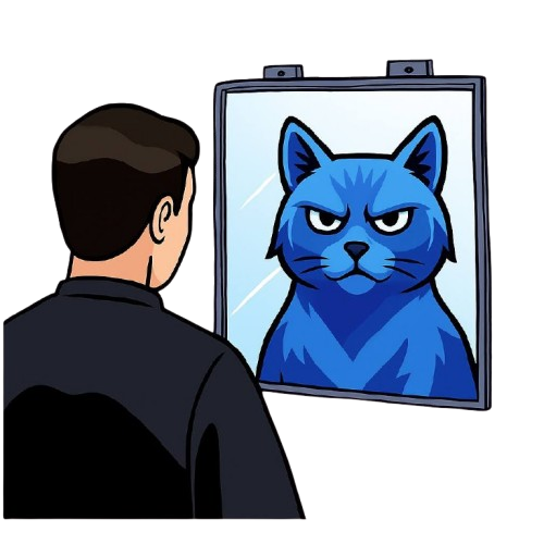 Hover to see me tumble! Cat mascot in mirror